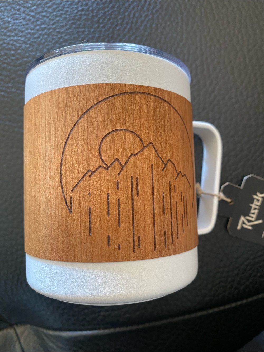 White Travel Mug with Wood-Accent Sleeve and Mountain Laser Engraving Miir brand